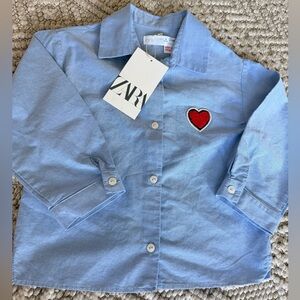 NWT Zara Kids Light Blue Shirt with Red Heart Patch 4T